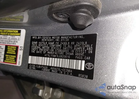 2020 Toyota Camry Le из США, поврежденный, VIN 4T1L11AK1LU920616